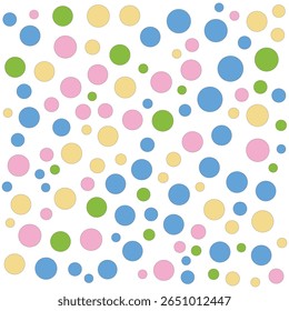 Bright and cheerful polka dot pattern featuring pastel colors, radiating fun and vibrancy, against a white background, perfect for playful, creative designs and abstract themes.