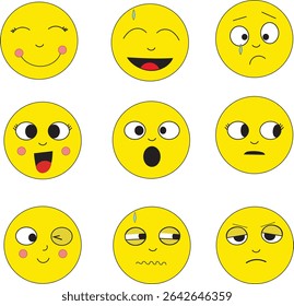 Bright and cheerful round emoji-style faces representing various emotions. Perfect for use in digital learning materials, mood trackers, emotion boards, and children’s apps.
