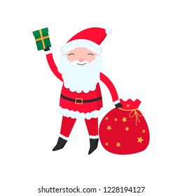 Bright and cheerful Santa Claus in his red suit with a bag in his hands.