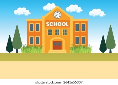 Bright and Cheerful School Building with Clock and Greenery