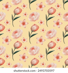 Bright and cheerful seamless floral pattern with pink and white flowers on a soft yellow background. Perfect for fabric, wallpaper, and decorative designs.