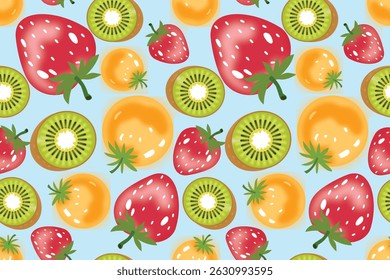 Bright and cheerful seamless fruit pattern featuring strawberries, kiwis, and oranges on a soft blue background. Perfect for summer-themed fabric, textile prints, wrapping paper, and digital wallpaper