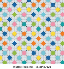 Um padrão geométrico contínuo brilhante e alegre composto de pequenos quadrados e formas de estrela em uma paleta de cores pastel macia de rosa, azul, amarelo e verde. Um design lúdico e moderno.