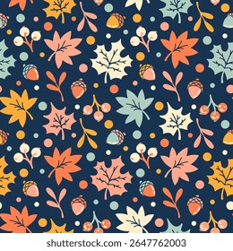 Padrão brilhante e alegre sem emenda com folhas coloridas de outono e bolotas, perfeito para papel de embrulho ou fundos sazonais