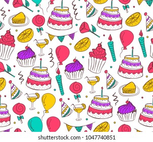 Bright and cheerful seamless pattern featuring birthday cakes, balloons, and party accessories, all illustrated in vibrant colors, creating a festive atmosphere filled with playful joy and celebration