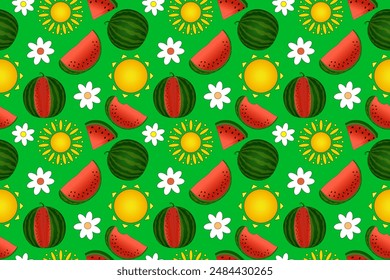 Bright and cheerful seamless pattern featuring watermelons, sun, and flowers. Perfect for summer-themed designs and projects.