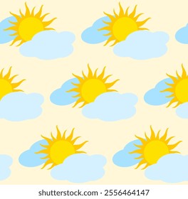 Bright cheerful seamless pattern featuring suns and clouds. Simple cartoon-style shapes add charm. For children’s room decor or whimsical designs, textiles like curtains, bedding, and clothing.