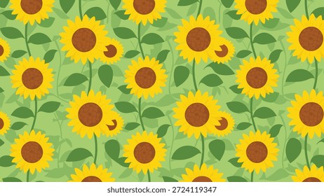 Bright and cheerful seamless pattern featuring tall sunflowers with large yellow petals and green leaves on a soft green background.