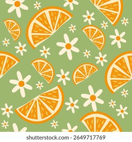 Bright and cheerful seamless pattern with juicy orange slices and white daisies on a fresh green background. Perfect for summer packaging, textile design, and wrapping paper.