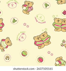 Bright and cheerful seamless pattern for kids with cute doodles and soft colors. Perfect for baby products and kids' stationery.