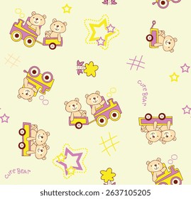 Bright and cheerful seamless pattern for kids with cute doodles and soft colors. Perfect for baby products and kids' stationery.