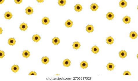 Patrón transparente brillante y alegre de cabezas de girasol amarillas dispersas en un estilo de dibujos animados simple aislado en un fondo blanco.