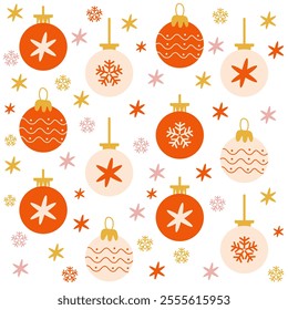 Bright and cheerful seamless pattern showcasing colorful Christmas ornaments with snow and glittering stars. Ideal for creating festive atmospheres in wrapping paper, home decor, and winter-themed des