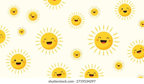 Bright and cheerful seamless pattern of various smiling sun characters on a pale cream background for kids.