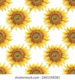 Bright, cheerful seamless pattern of vibrant yellow sunflowers with detailed petals. Perfect for adding natural warmth to designs, textiles, wallpapers, or any creative project.