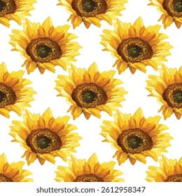 Bright, cheerful seamless pattern of vibrant yellow sunflowers with detailed petals. Perfect for adding natural warmth to designs, textiles, wallpapers, or any creative project.