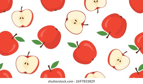 Bright and cheerful seamless pattern with whole red apples and apple slices on a white background, perfect for a fresh and healthy food-themed design.
