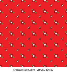 Bright and cheerful seamless red floral pattern featuring decorative blossoms with green leaves,  festive designs, crafts, and wallpapers. Great for holiday-themed projects and creative backgrounds.