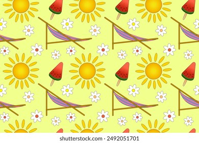 Bright and cheerful seamless vector pattern with summer elements like sun, hammock, and ice cream. Perfect for summer-themed designs.