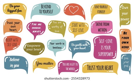 Bright and cheerful self-love speech bubble collection featuring uplifting affirmations and empowering love slogans. Playful, colorful designs in a fun cartoon style.