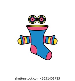 A bright and cheerful sock puppet character features vibrant colors and big buttons for eyes. Perfect for crafting, storytelling, or engaging children in imaginative play.