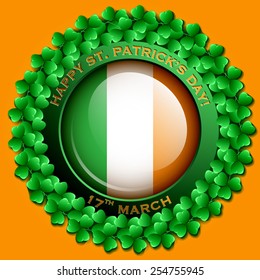 Bright and cheerful St. Patrick's day ornamental border made of clover leaves and glossy Irish national flag in the center. EPS10 vector illustration.