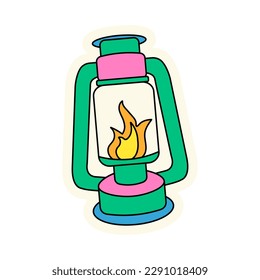 Bright cheerful sticker with a kerosene lamp for camping and hiking. Sticker for messengers, illustrations, web resources.