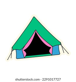 Bright cheerful sticker with a tent for camping and hiking. Sticker for messengers, illustrations, web resources..