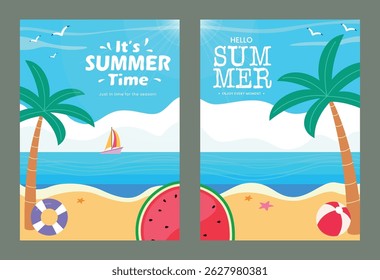 Bright and cheerful summer beach illustration featuring palm trees, a sailboat, beach ball, watermelon, and ocean waves under a sunny sky perfect for seasonal promotions and holiday designs.