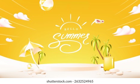 Brilhante e alegre cena de praia de verão com palmeiras ícones de férias e fundo amarelo Perfeito para anúncios de viagem banners cartazes ou promoções de férias