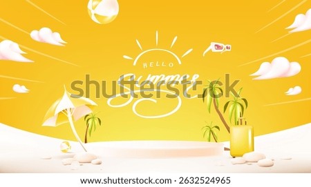 Bright and cheerful summer beach scene with palm trees vacation icons and yellow background Perfect for travel ads banners posters or holiday promotions