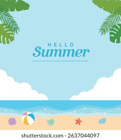 Bright and cheerful summer design with beach elements like tropical leaves, sky, sand, seashells, starfish and beach ball. Perfect for seasonal promotions, travel ads and vacation themed content.