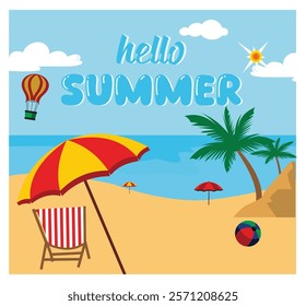 Bright and cheerful summer featuring a sunny beach, vibrant umbrella, chair, palm trees, and playful details such as a beach ball and hot air balloon.  Flat vector modern illustration 