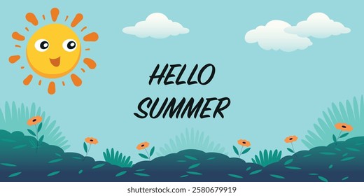 Bright and cheerful summer greeting with sun and flowers on the background of a living landscape