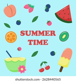 Bright and cheerful summer illustration featuring the phrase "Summer Time" in bold red letters at the center. Surrounding the text are colorful summer fruits and treats.