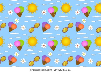 Bright and cheerful summer pattern featuring ice cream, sunglasses, and suns, perfect for seasonal designs and creative projects.