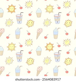 A bright and cheerful summer pattern featuring cute suns, ice cream cones, cupcakes, and drinks, all in pastel colors