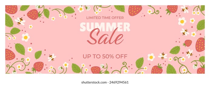 Bright and cheerful summer sale banner featuring a pastel pink background with strawberries, white flowers, green leaves, buzzing bees. Text in center highlights a limited time offer of up to 50 off.