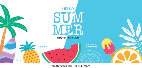 Bright and cheerful summer sale poster with sunglasses, sun, and palm leaves. Vibrant tropical design surrounds bold "SUMMER SALE" text to grab attention.