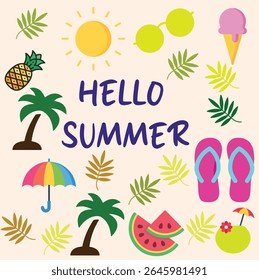 Bright and cheerful summer-themed pattern featuring fun icons like sun, fruits, flip-flops, and more — perfect for kids' crafts, posters, and seasonal designs.