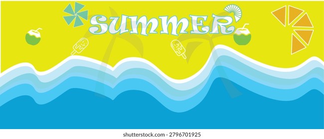Bright and cheerful summer-themed vector illustration featuring waves, sun, and tropical drinks for vacation and beach-themed designs.