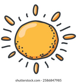 Bright and cheerful sun in cartoon style. Warm yellow-orange shades. Friendly and positive image with rays radiating joy and warmth. Vector
