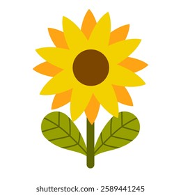 Bright and cheerful sunflower with a brown center and vibrant yellow petals, accompanied by fresh green leaves. This cute floral illustration is perfect for stickers, clipart, and nature-themed design