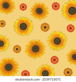 Bright and cheerful sunflower and daisy pattern on a soft yellow background, perfect for summer and floral-themed projects, bringing warmth and positivity.