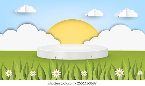 A Bright and Cheerful Sunny Day Landscape Featuring Beautiful Clouds and Lush Green Grass