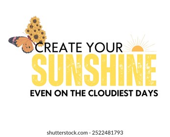 "Bright and cheerful 'Sunshine' design featuring sunflowers, a butterfly, and a rising sun. Perfect for spreading positivity, warmth, and happiness. Ideal for uplifting t-shirts or merchandise."