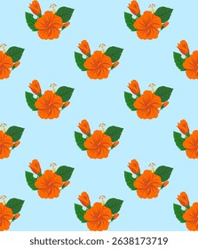 Bright and cheerful tropical hibiscus floral pattern featuring bold orange flowers and lush green leaves on a light blue background. Perfect for summer prints, textiles, and wallpapers.