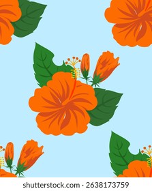 Bright and cheerful tropical hibiscus floral pattern featuring bold orange flowers and lush green leaves on a light blue background. Perfect for summer prints, textiles, and wallpapers.