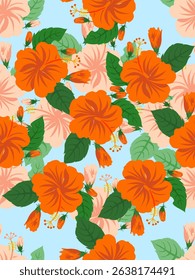 Bright and cheerful tropical hibiscus floral pattern featuring bold orange flowers and lush green leaves on a light blue background. Perfect for summer prints, textiles, and wallpapers.