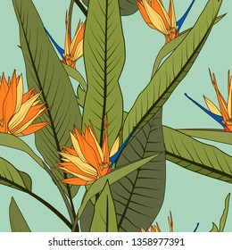 Bright cheerful tropical seamless pattern. Exotic orange strelitzia bird of paradise flowers long tall leaves on green blue background. Holiday resort greenery. Botanical vector design illustration.